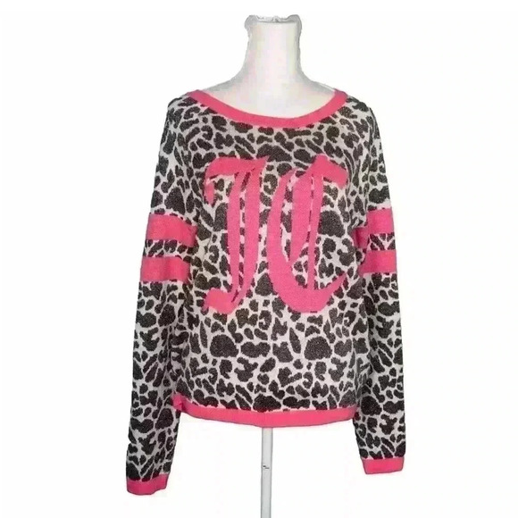 Juicy Couture Womens M Metallic Leopard Print Pullover Sweater Pink Logo Gray - Picture 1 of 9